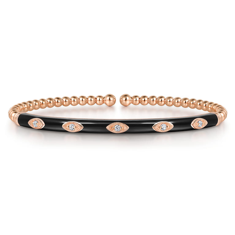 Enamel - 14K Rose Gold Bujukan Beads and Diamond Split Bangle with Black Enamel - 0.1 ct - Shot 1