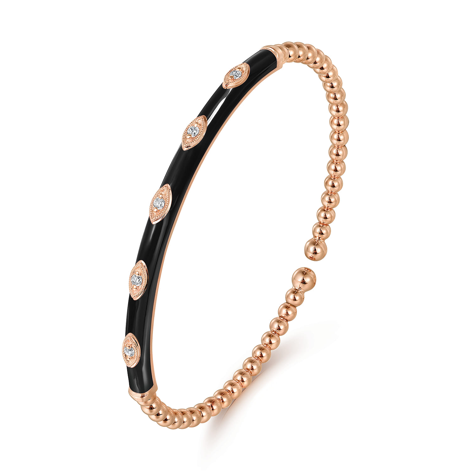 Enamel - 14K Rose Gold Bujukan Beads and Diamond Split Bangle with Black Enamel - 0.1 ct - Shot 2