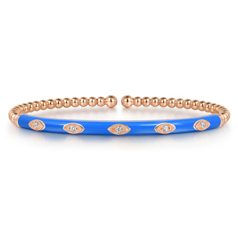 Enamel - 14K Rose Gold Bujukan Beads and Diamond Split Bangle with Blue Enamel - 0.1 ct - Shot 1