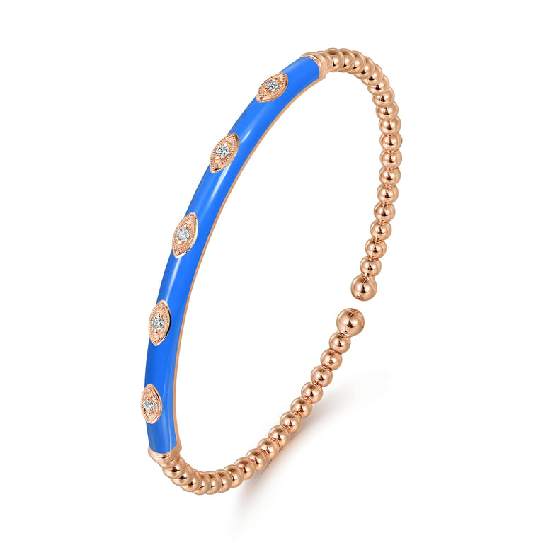 Enamel - 14K Rose Gold Bujukan Beads and Diamond Split Bangle with Blue Enamel - 0.1 ct - Shot 2