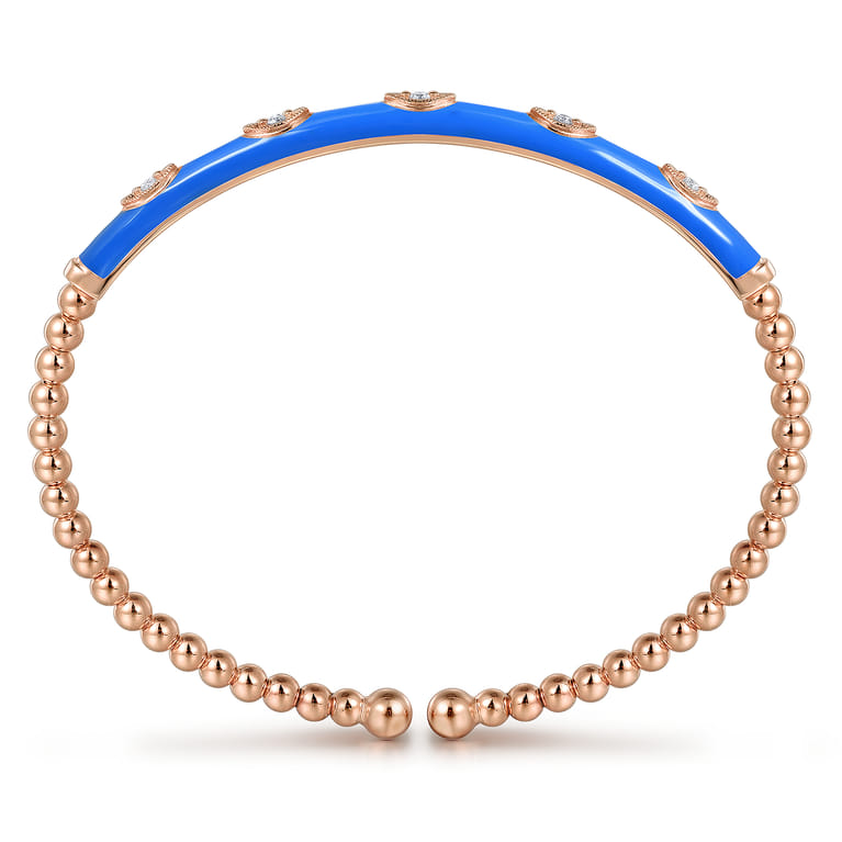 Enamel - 14K Rose Gold Bujukan Beads and Diamond Split Bangle with Blue Enamel - 0.1 ct - Shot 3