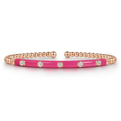 Enamel - 14K Rose Gold Bujukan Beads and Diamond Split Bangle with Fuchsia Enamel