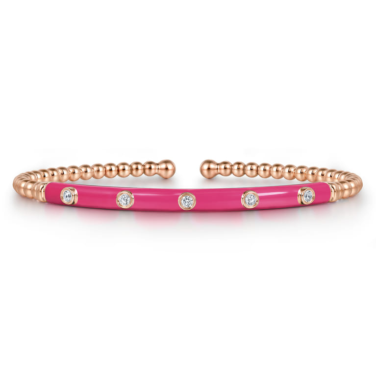 Enamel - 14K Rose Gold Bujukan Beads and Diamond Split Bangle with Fuchsia Enamel - 0.15 ct - Shot 1