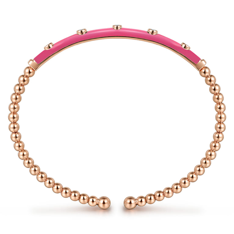 Enamel - 14K Rose Gold Bujukan Beads and Diamond Split Bangle with Fuchsia Enamel - 0.15 ct - Shot 3
