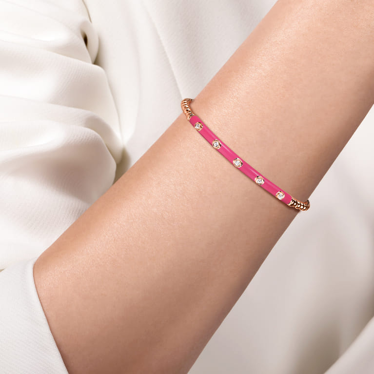 Enamel - 14K Rose Gold Bujukan Beads and Diamond Split Bangle with Fuchsia Enamel - 0.15 ct - Shot 4