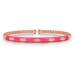 Enamel - 14K Rose Gold Bujukan Beads and Diamond Split Bangle with Fuchsia Enamel