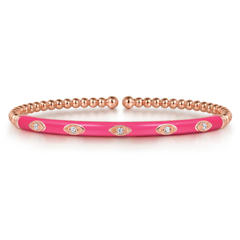 Enamel - 14K Rose Gold Bujukan Beads and Diamond Split Bangle with Fuchsia Enamel - 0.1 ct - Shot 1