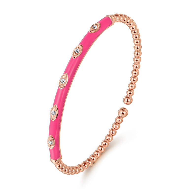 Enamel - 14K Rose Gold Bujukan Beads and Diamond Split Bangle with Fuchsia Enamel - 0.1 ct - Shot 2