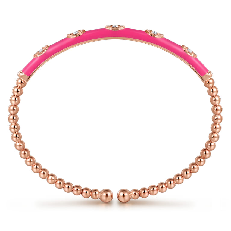 Enamel - 14K Rose Gold Bujukan Beads and Diamond Split Bangle with Fuchsia Enamel - 0.1 ct - Shot 3