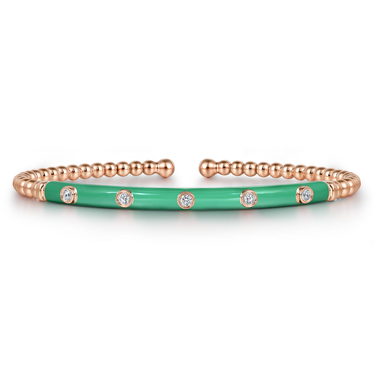 Enamel - 14K Rose Gold Bujukan Beads and Diamond Split Bangle with Mint Green Enamel - 0.15 ct - Shot 1