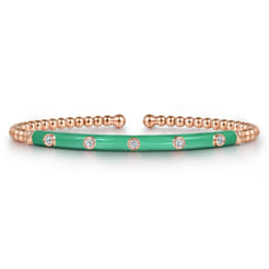 Enamel - 14K Rose Gold Bujukan Beads and Diamond Split Bangle with Mint Green Enamel