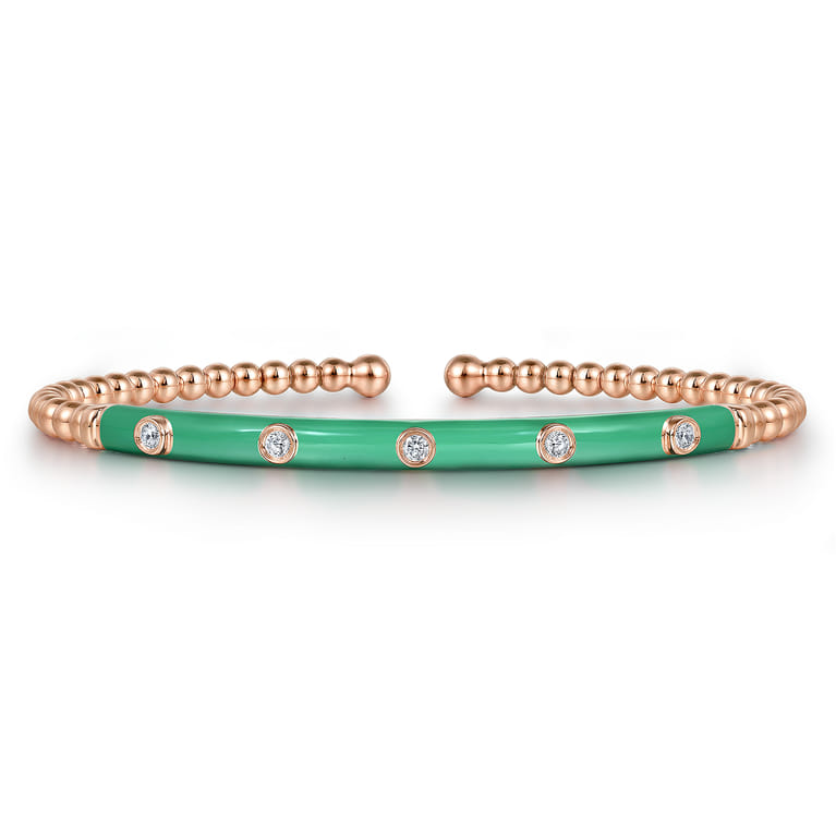 Enamel - 14K Rose Gold Bujukan Beads and Diamond Split Bangle with Mint Green Enamel - 0.15 ct - Shot 1