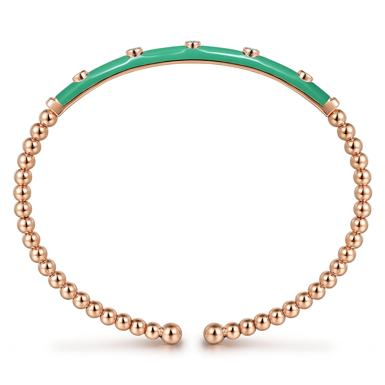 Enamel - 14K Rose Gold Bujukan Beads and Diamond Split Bangle with Mint Green Enamel - 0.15 ct - Shot 3