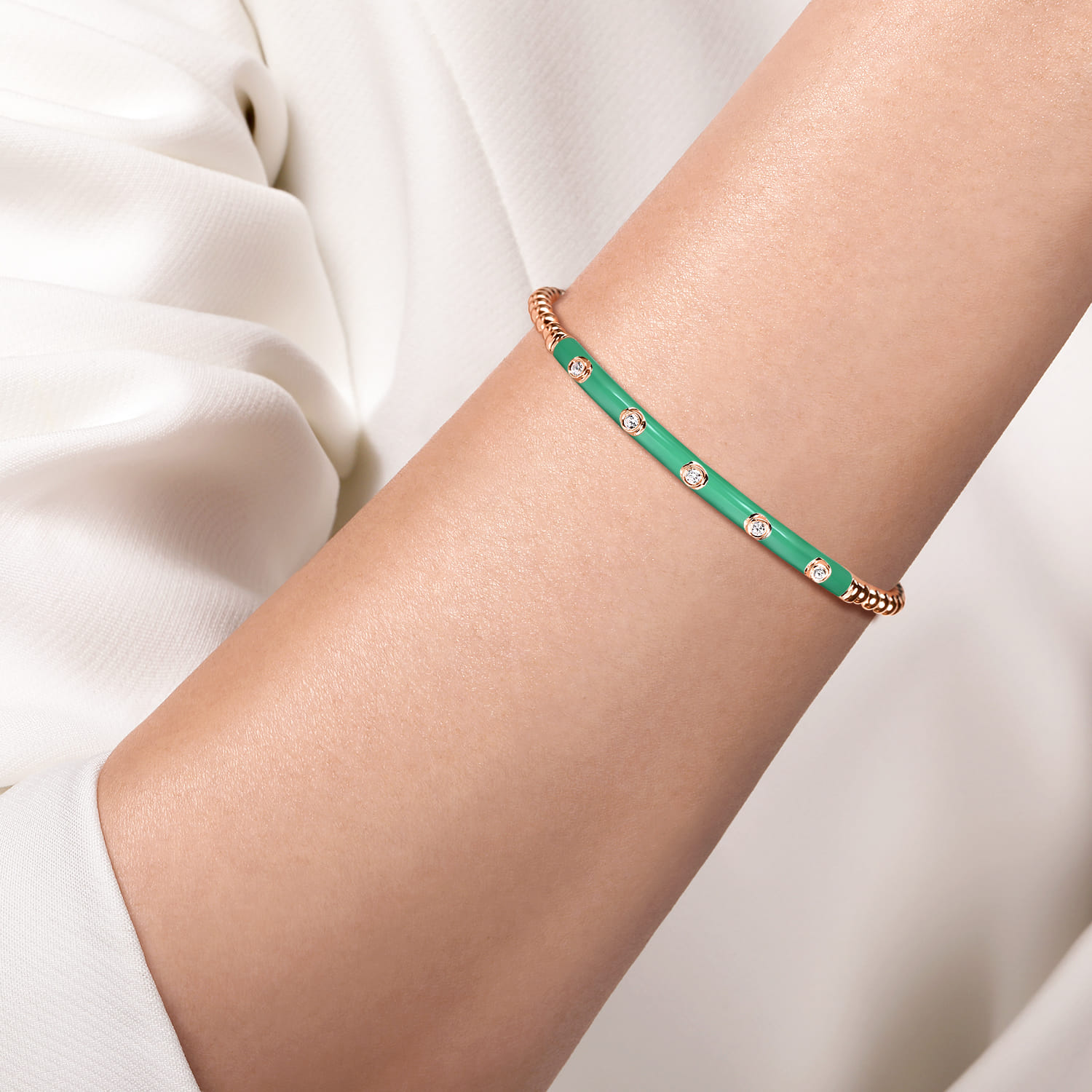Enamel - 14K Rose Gold Bujukan Beads and Diamond Split Bangle with Mint Green Enamel - 0.15 ct - Shot 4