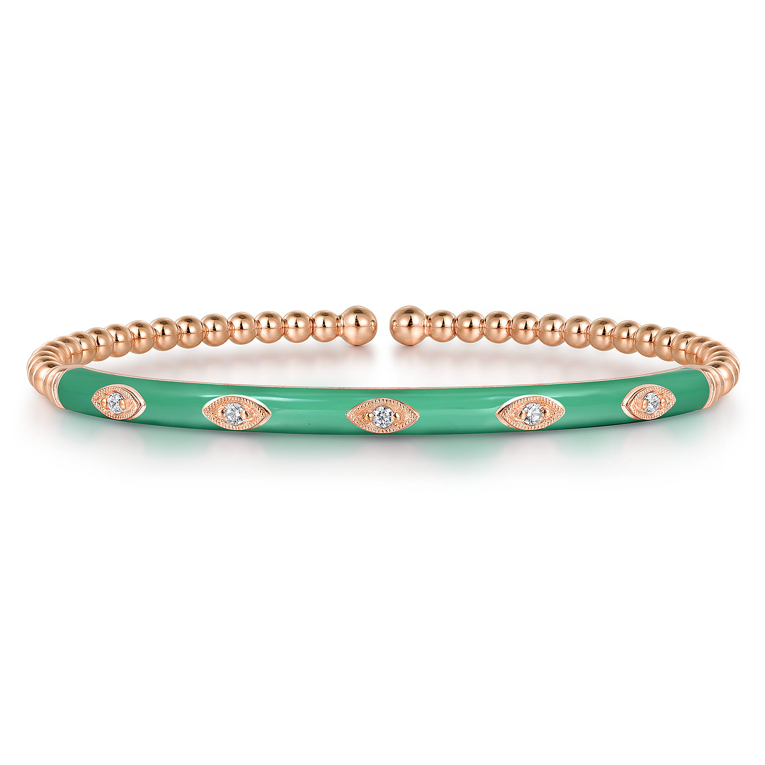 Enamel - 14K Rose Gold Bujukan Beads and Diamond Split Bangle with Mint Green Enamel - 0.1 ct - Shot 1