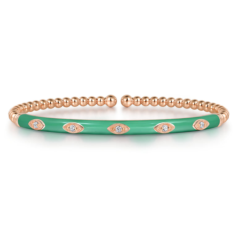 Enamel - 14K Rose Gold Bujukan Beads and Diamond Split Bangle with Mint Green Enamel - 0.1 ct - Shot 1
