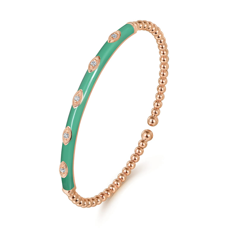 Enamel - 14K Rose Gold Bujukan Beads and Diamond Split Bangle with Mint Green Enamel - 0.1 ct - Shot 2