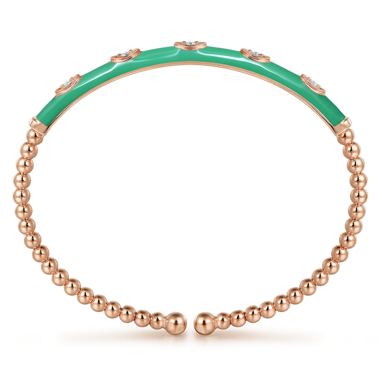 Enamel - 14K Rose Gold Bujukan Beads and Diamond Split Bangle with Mint Green Enamel - 0.1 ct - Shot 3