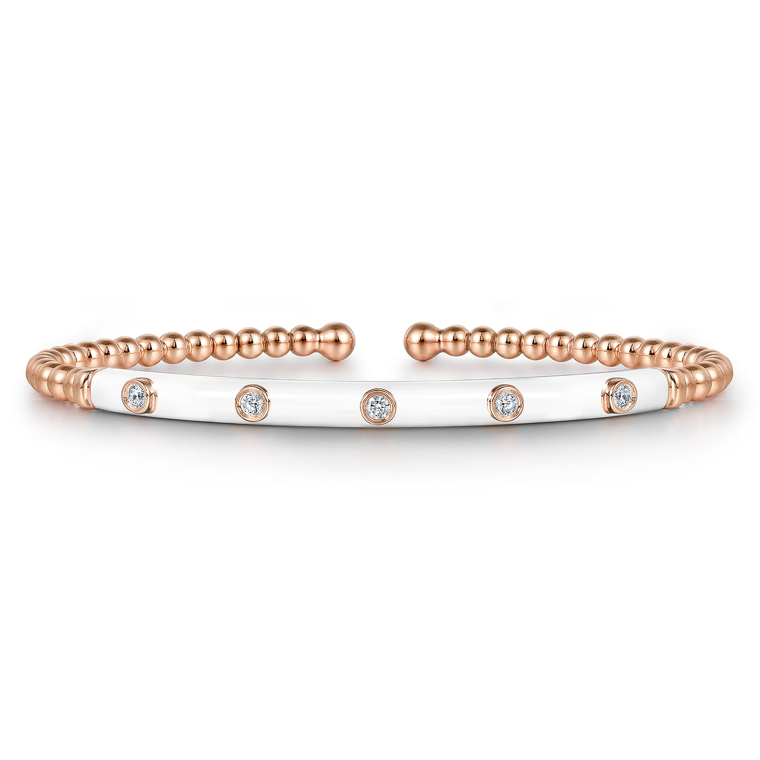 Enamel - 14K Rose Gold Bujukan Beads and Diamond Split Bangle with White Enamel - 0.15 ct - Shot 1