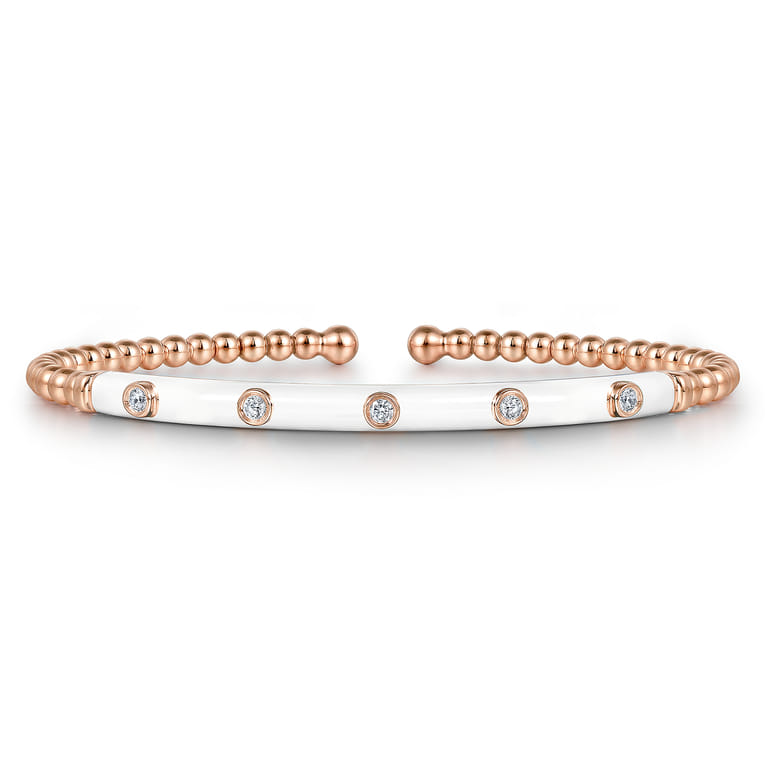 Enamel - 14K Rose Gold Bujukan Beads and Diamond Split Bangle with White Enamel - 0.15 ct - Shot 1
