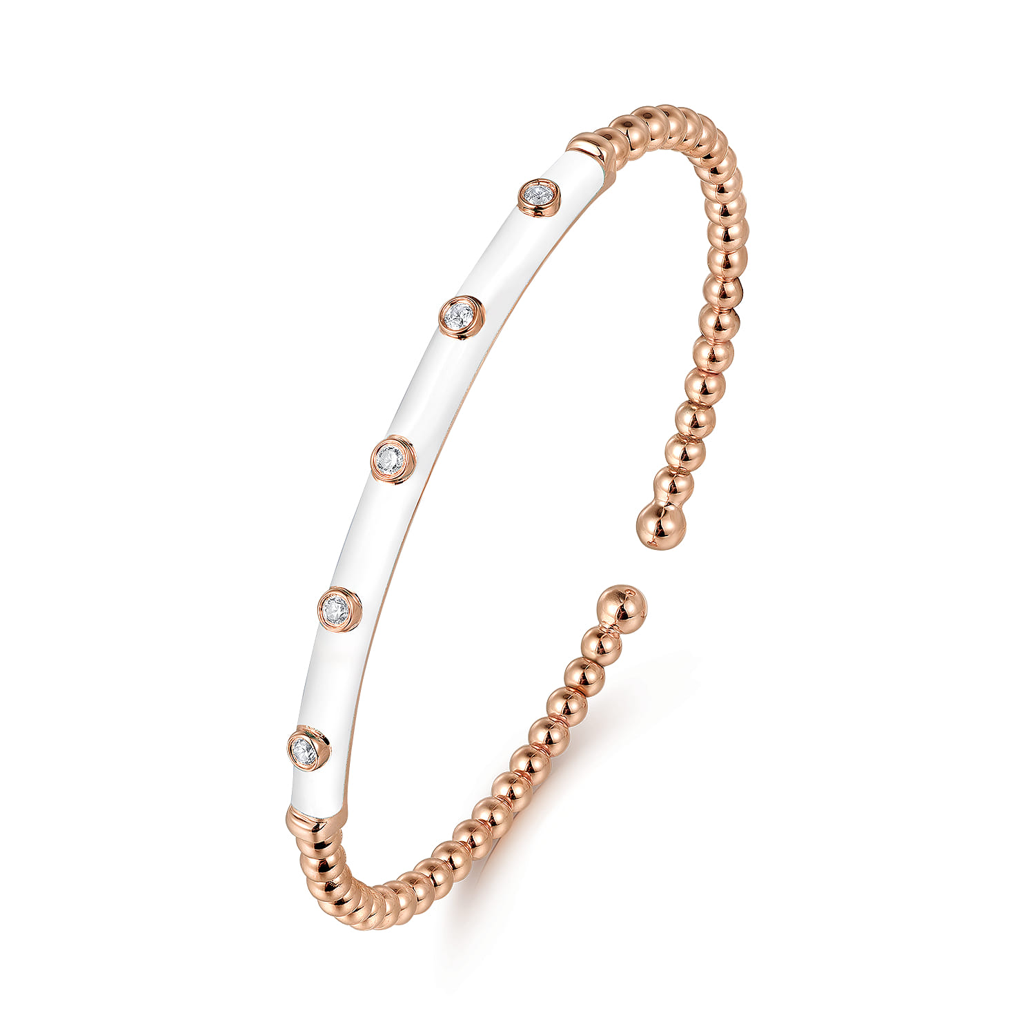 Enamel - 14K Rose Gold Bujukan Beads and Diamond Split Bangle with White Enamel - 0.15 ct - Shot 2