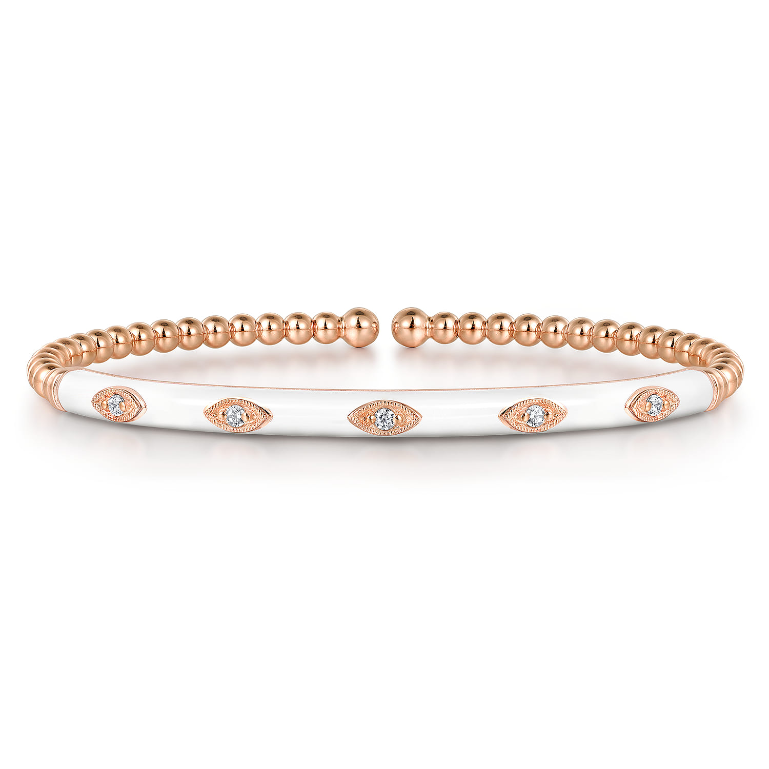 Enamel - 14K Rose Gold Bujukan Beads and Diamond Split Bangle with White Enamel - 0.1 ct - Shot 1