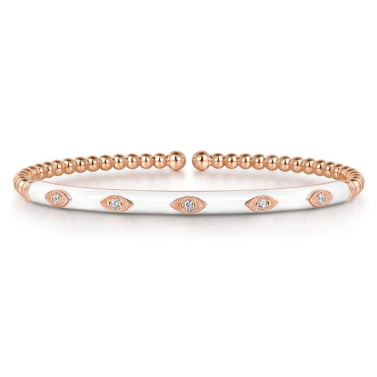 Enamel - 14K Rose Gold Bujukan Beads and Diamond Split Bangle with White Enamel - 0.1 ct - Shot 1