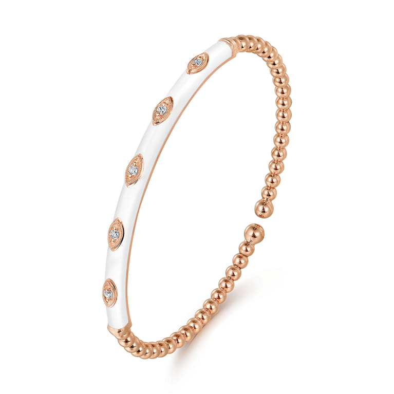 Enamel - 14K Rose Gold Bujukan Beads and Diamond Split Bangle with White Enamel - 0.1 ct - Shot 2