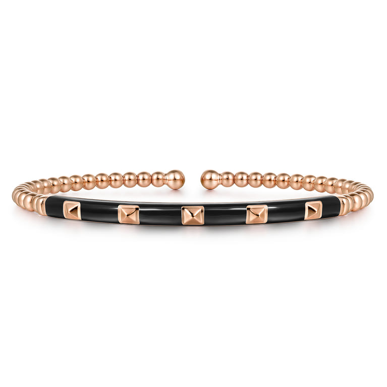 Enamel - 14K Rose Gold Bujukan Beads and Pyramid Split Bangle with Black Enamel - Shot 1