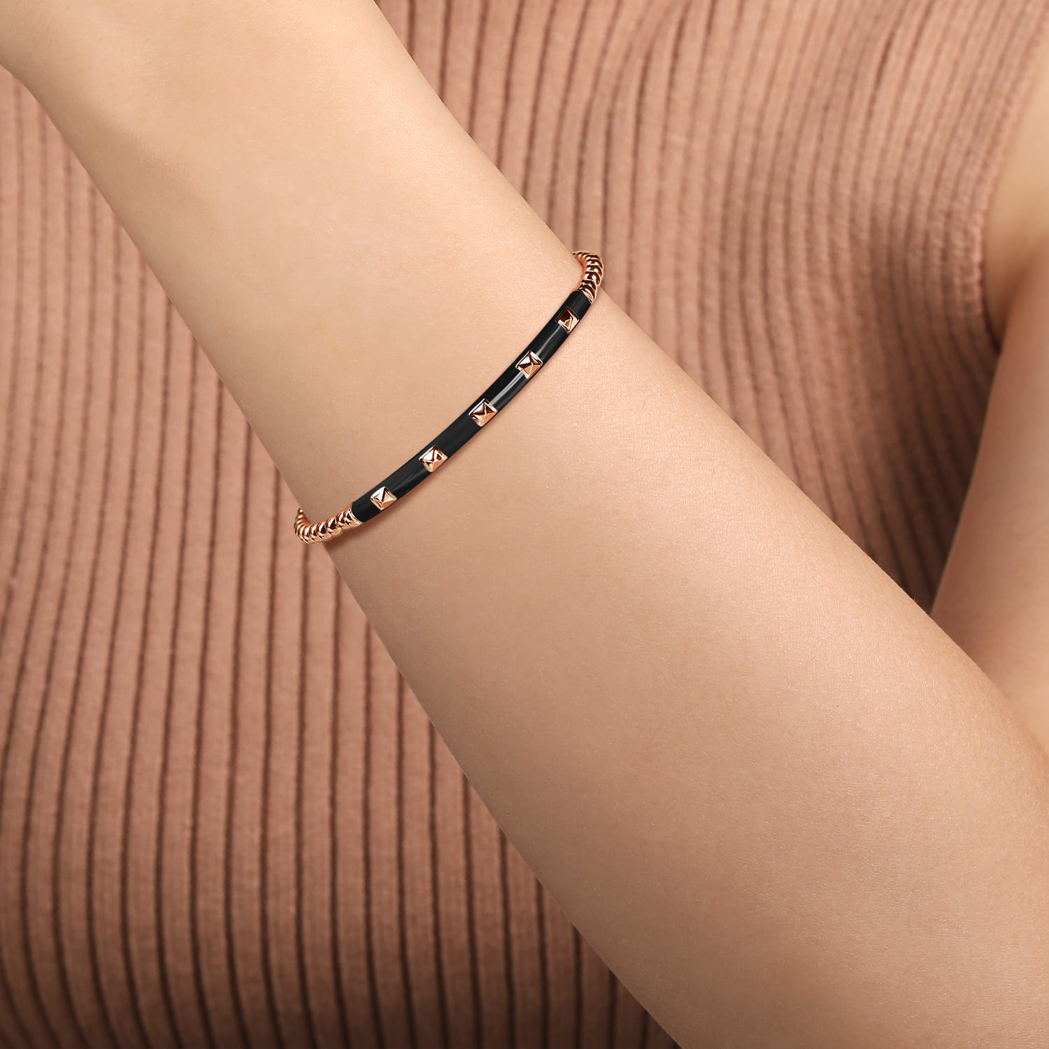 Enamel - 14K Rose Gold Bujukan Beads and Pyramid Split Bangle with Black Enamel - Shot 4