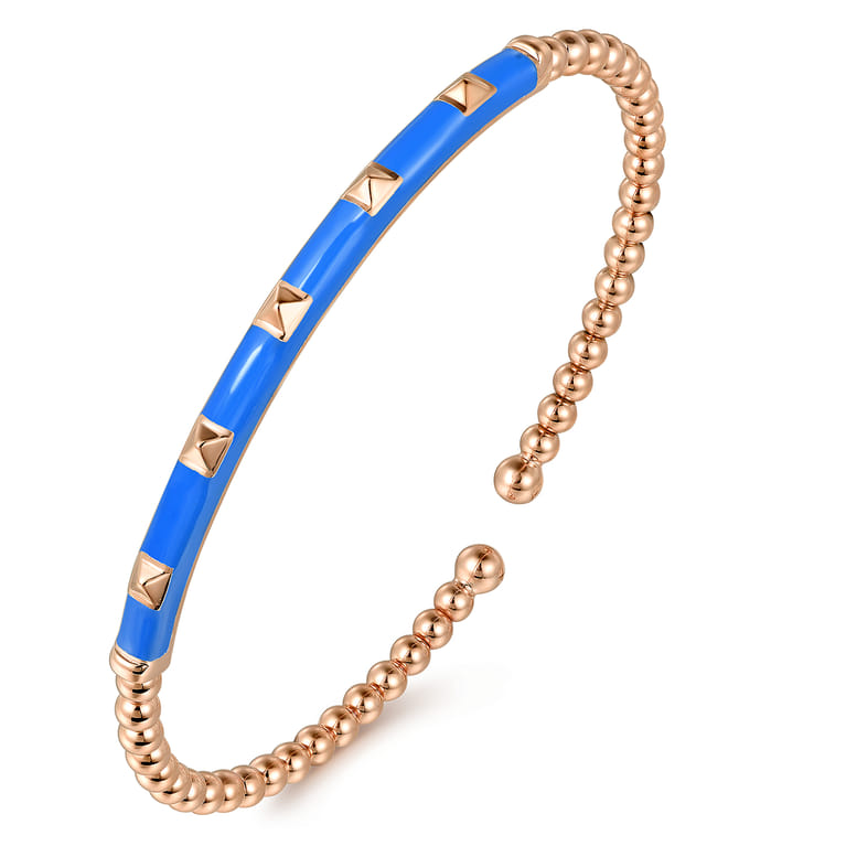 Enamel - 14K Rose Gold Bujukan Beads and Pyramid Split Bangle with Blue Enamel - Shot 2