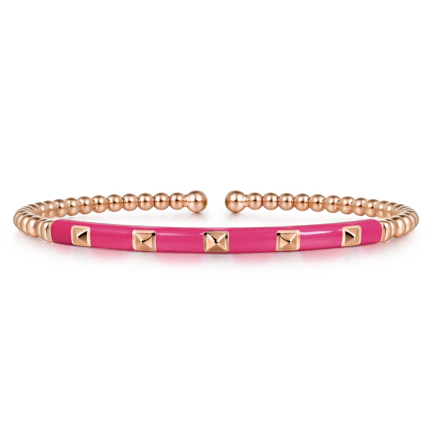 Enamel - 14K Rose Gold Bujukan Beads and Pyramid Split Bangle with Fuchsia Enamel - Shot 1