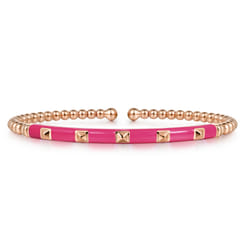Enamel - 14K Rose Gold Bujukan Beads and Pyramid Split Bangle with Fuchsia Enamel