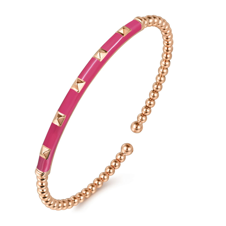 Enamel - 14K Rose Gold Bujukan Beads and Pyramid Split Bangle with Fuchsia Enamel - Shot 2