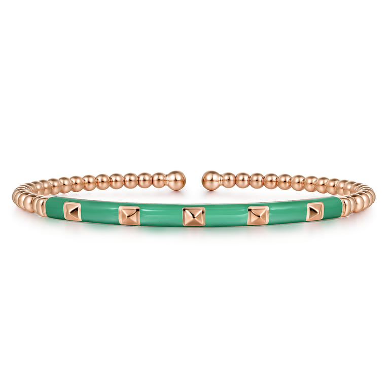 Enamel - 14K Rose Gold Bujukan Beads and Pyramid Split Bangle with Mint Green Enamel - Shot 1