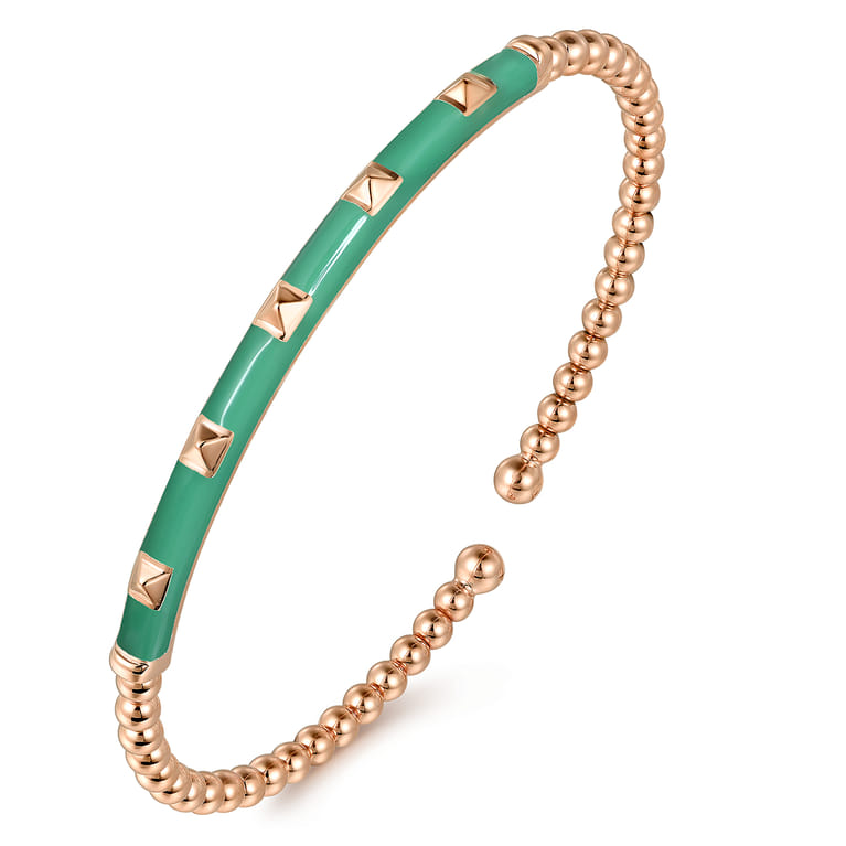 Enamel - 14K Rose Gold Bujukan Beads and Pyramid Split Bangle with Mint Green Enamel - Shot 2