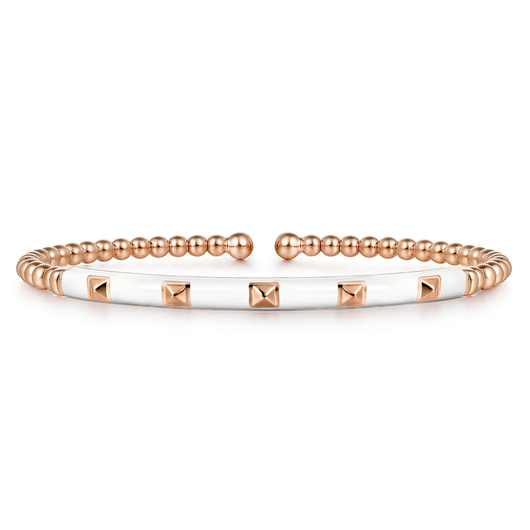 Enamel - 14K Rose Gold Bujukan Beads and Pyramid Split Bangle with White Enamel - Shot 1