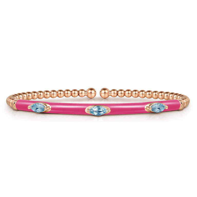 Enamel - 14K Rose Gold Bujukan Blue Topaz Split Bangle with Fuchsia Enamel - Shot 1