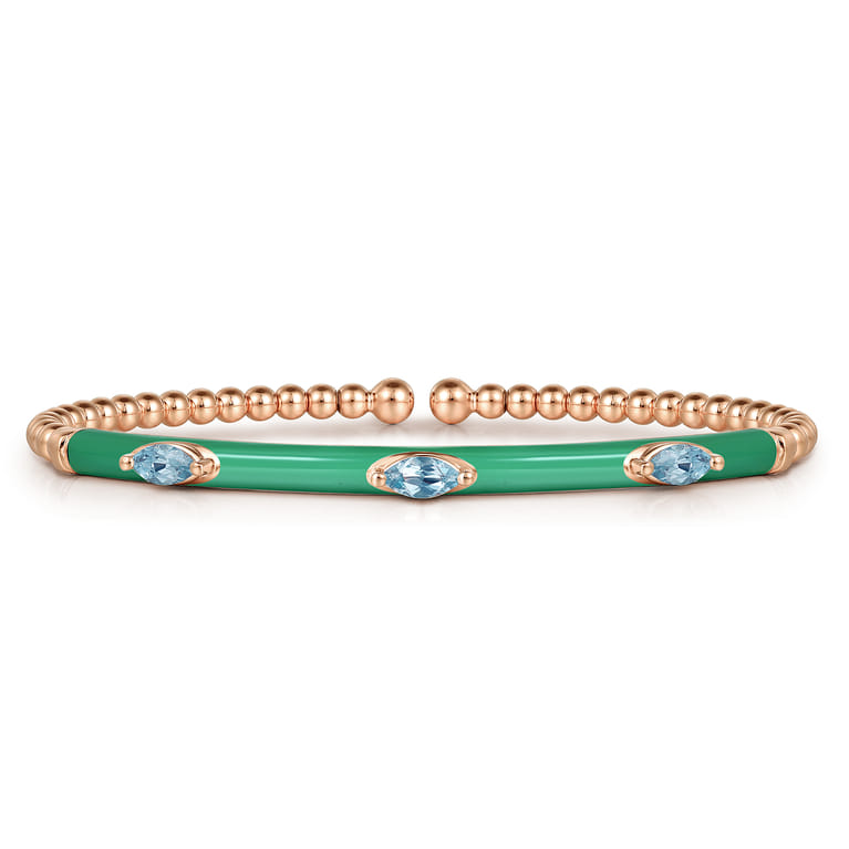 Enamel - 14K Rose Gold Bujukan Blue Topaz Split Bangle with Mint Green Enamel - Shot 1