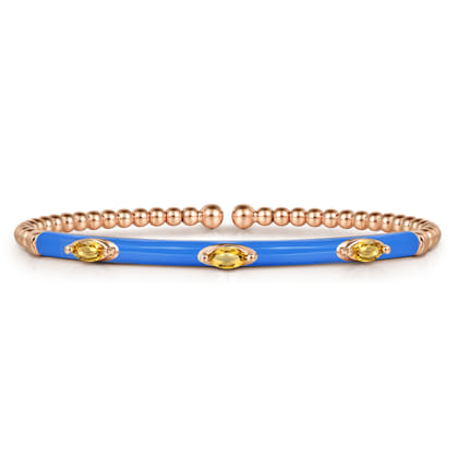 Enamel - 14K Rose Gold Bujukan Citrine Split Bangle with Blue Enamel