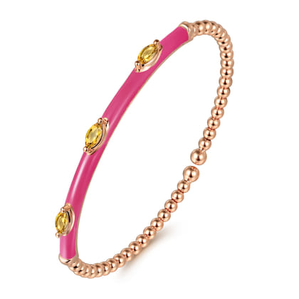 Enamel - 14K Rose Gold Bujukan Citrine Split Bangle with Fuchsia Enamel