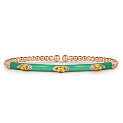 Enamel - 14K Rose Gold Bujukan Citrine Split Bangle with Mint Green Enamel