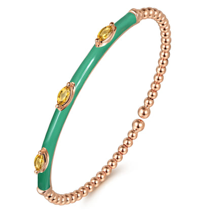 Enamel - 14K Rose Gold Bujukan Citrine Split Bangle with Mint Green Enamel