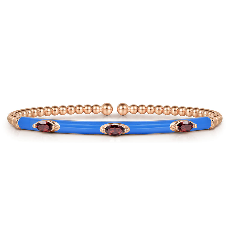 Enamel - 14K Rose Gold Bujukan Garnet Split Bangle with Blue Enamel - Shot 1