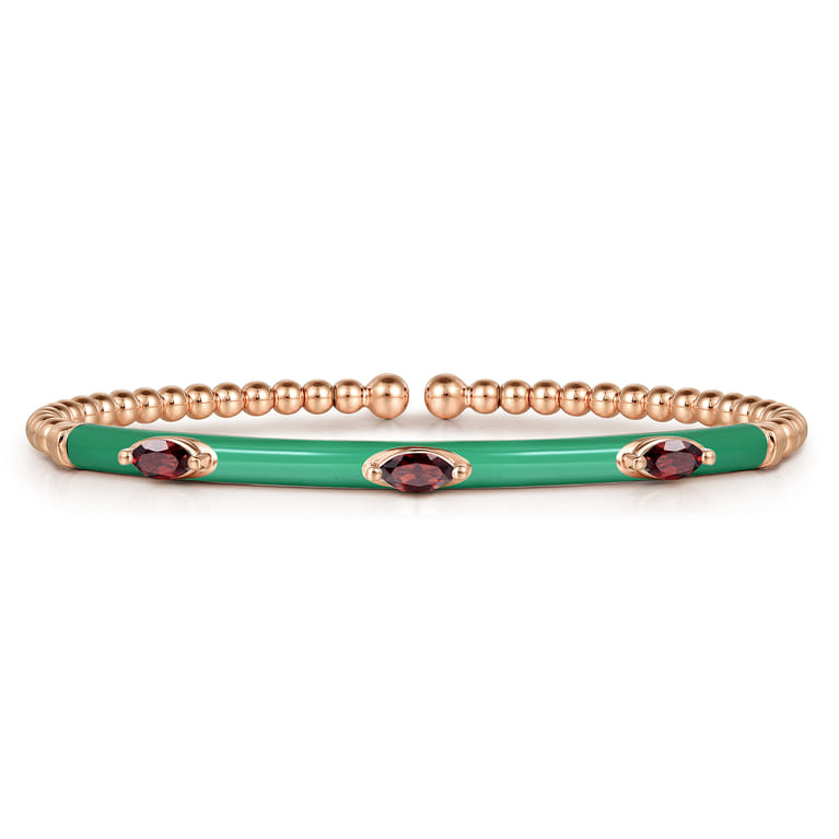 Enamel - 14K Rose Gold Bujukan Garnet Split Bangle with Mint Green Enamel - Shot 1