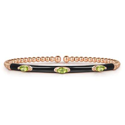 Enamel - 14K Rose Gold Bujukan Peridot Split Bangle with Black Enamel