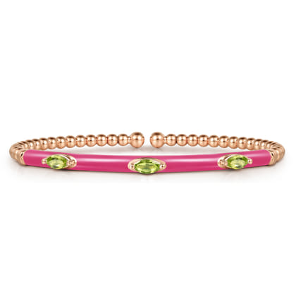 Enamel - 14K Rose Gold Bujukan Peridot Split Bangle with Fuchsia Enamel