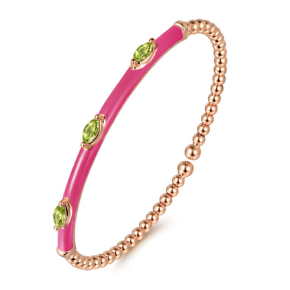 Enamel - 14K Rose Gold Bujukan Peridot Split Bangle with Fuchsia Enamel