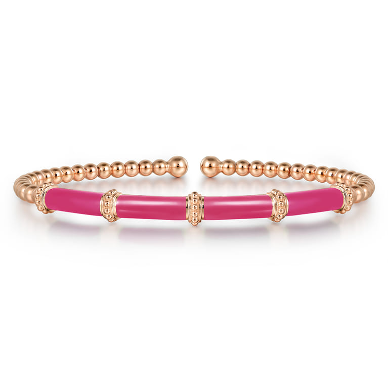 Enamel - 14K Rose Gold Bujukan and Bar Split Bangle with Fuchsia Enamel - Shot 1