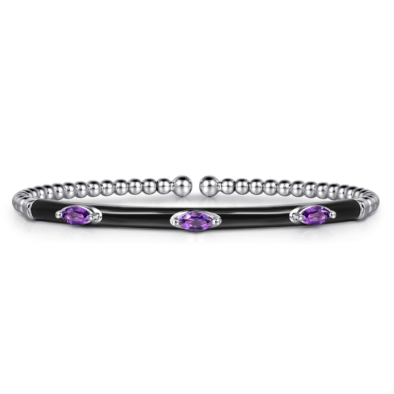 Enamel - 14K White Gold Bujukan Amethyst Split Bangle with Black Enamel - Shot 1